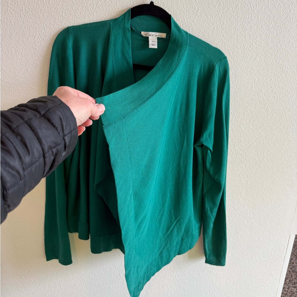 Kenneth Cole, silk blend, Green Open Front Cardigan Sweater, petite large. - Picture 2 of 6